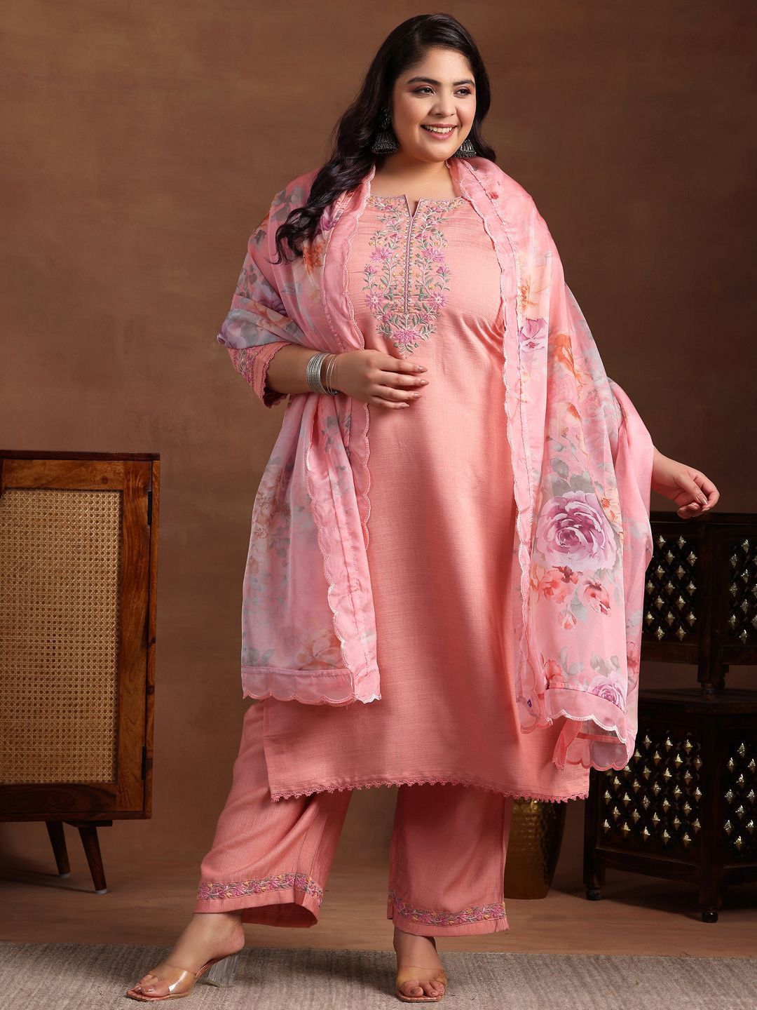 Plus Size Floral Yoke Design Straight Kurta with Palazzo & Dupatta