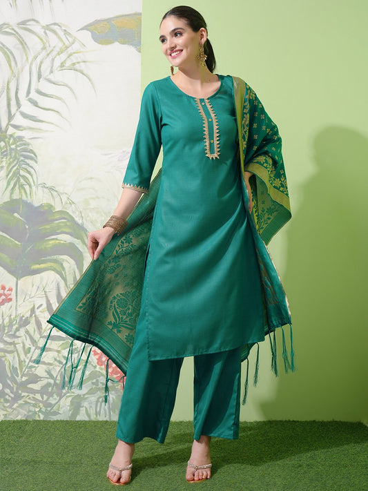 Green & Gold Toned Round Neck Embellished Straight Kurta & Palazzos With Dupatta