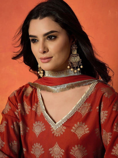 Women Rust Gold Printed Rayon A-Line Kurti Farshi Salwar With Dupatta Set