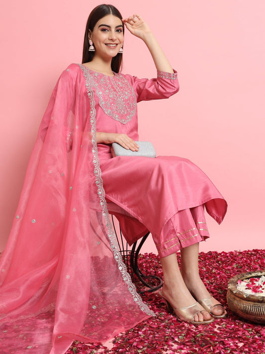 Floral Embroidered Regular Thread Work Kurta With Trousers & Dupatta