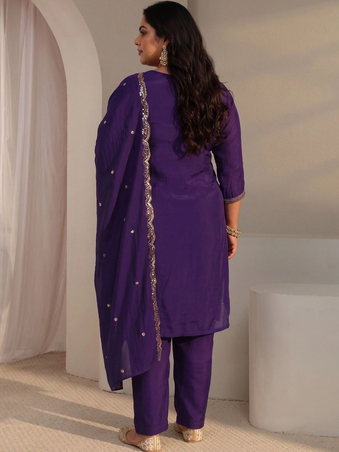 Women Ethnic Motifs Embroidered Regular Sequinned Chanderi Silk Kurta with Trousers &