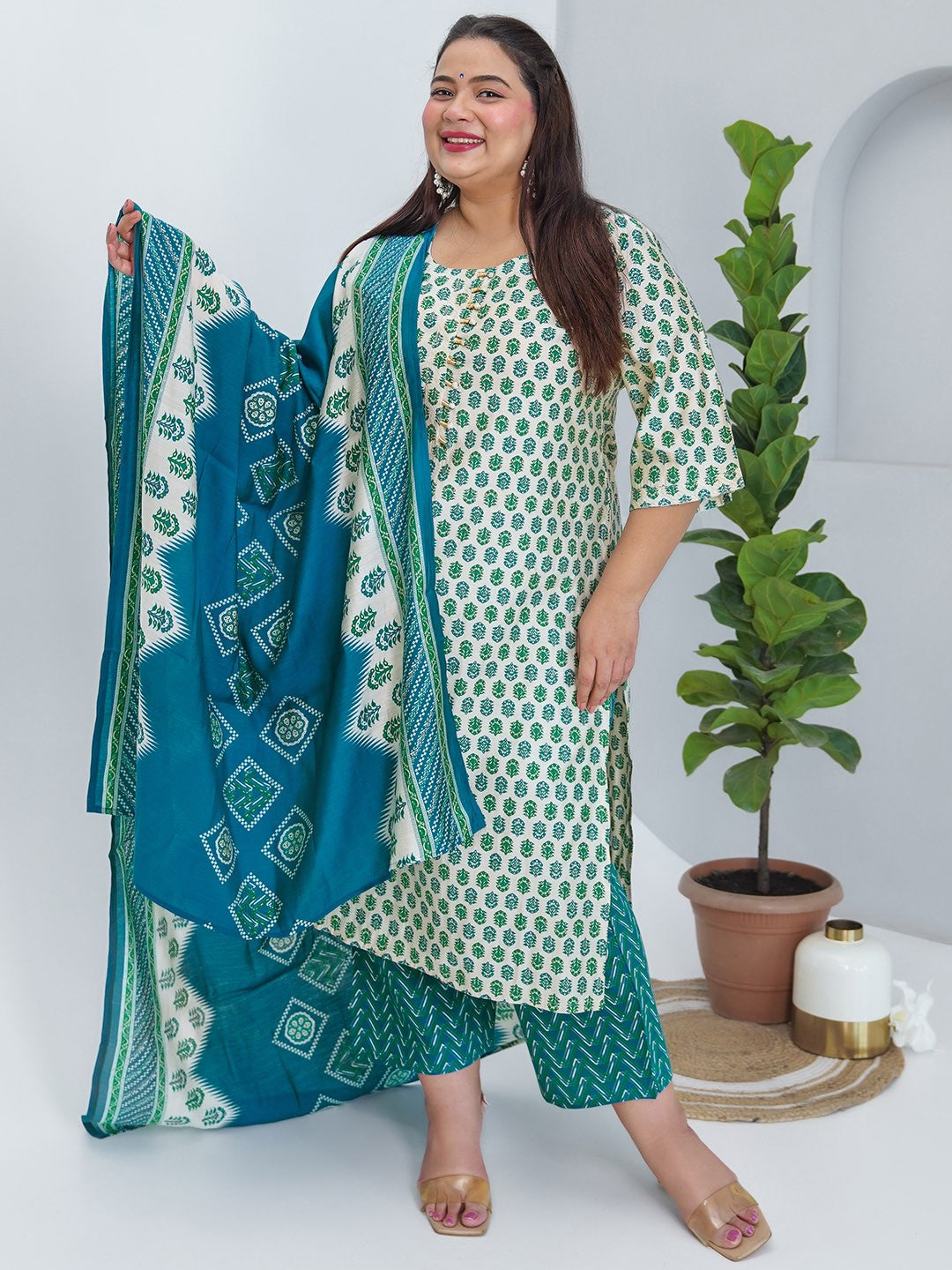 Plus Size Printed Regular Kurta with Palazzos & Dupatta