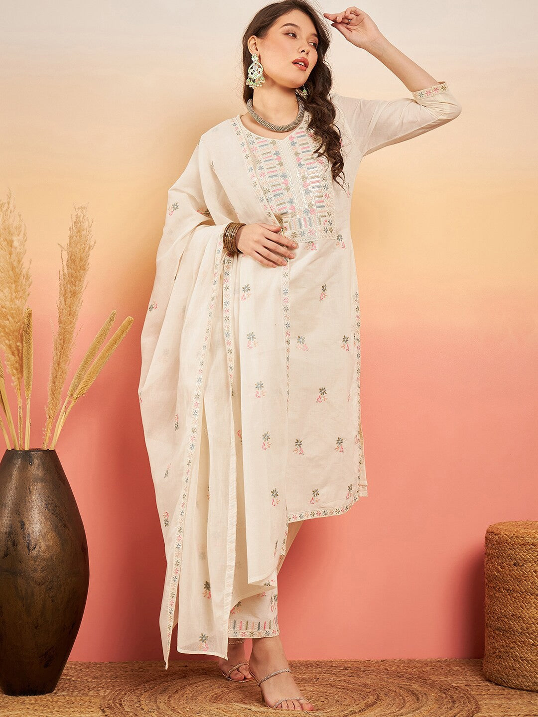 Floral Embroidered Pure Cotton Straight Kurta Set