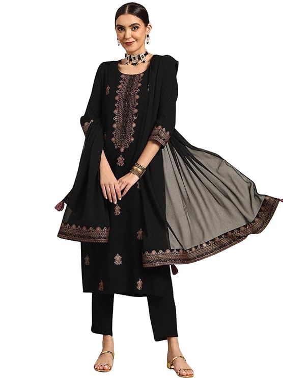 Women's Rayon Straight Kurta With Pant And Dupatta Set