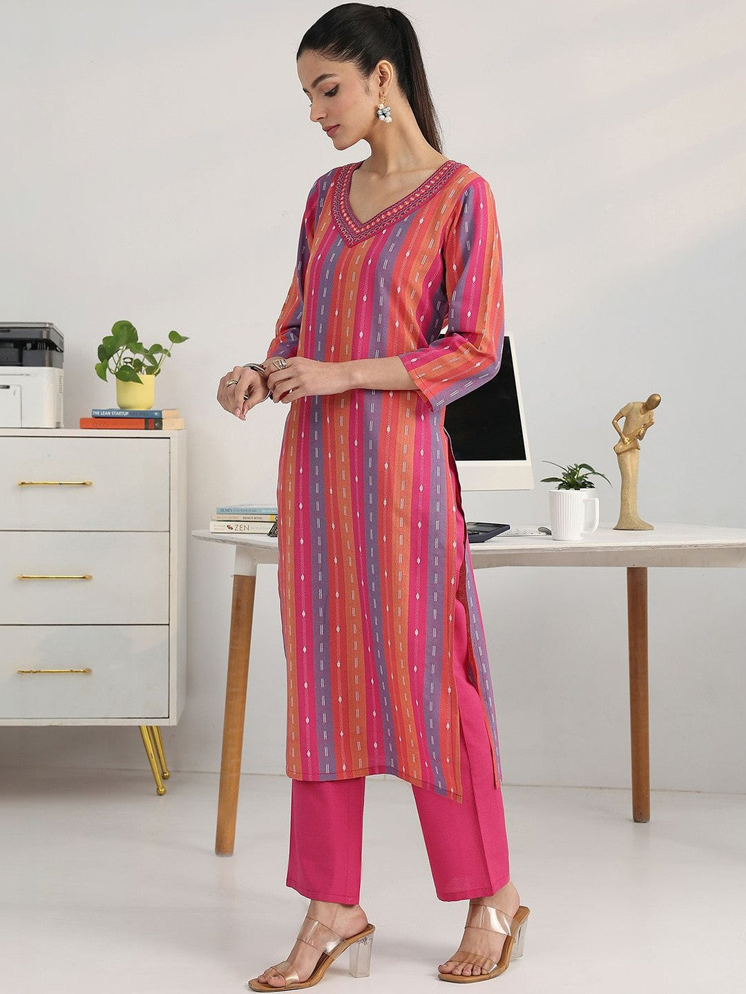 Women Striped Regular Thread Work Kurta with Trousers & With Dupatta