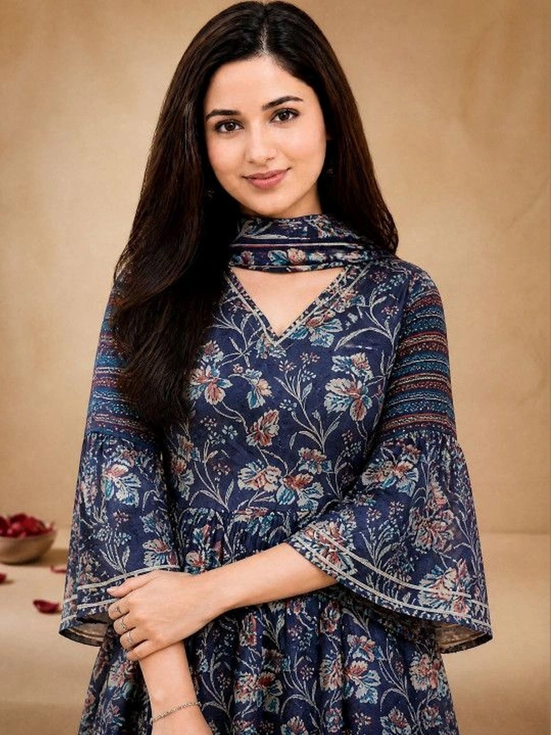 Women Floral Printed Empire Kurta with Sharara & With Dupatta