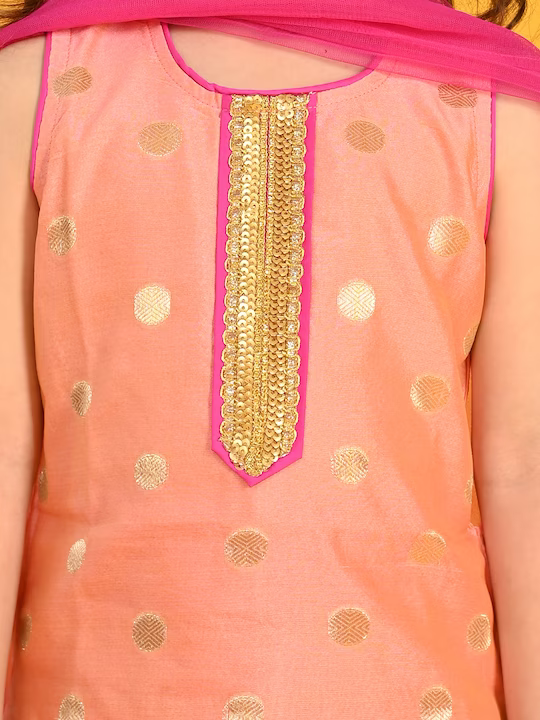 Girls Peach-Coloured Layered Kurti with Dhoti Pants & With Dupatta