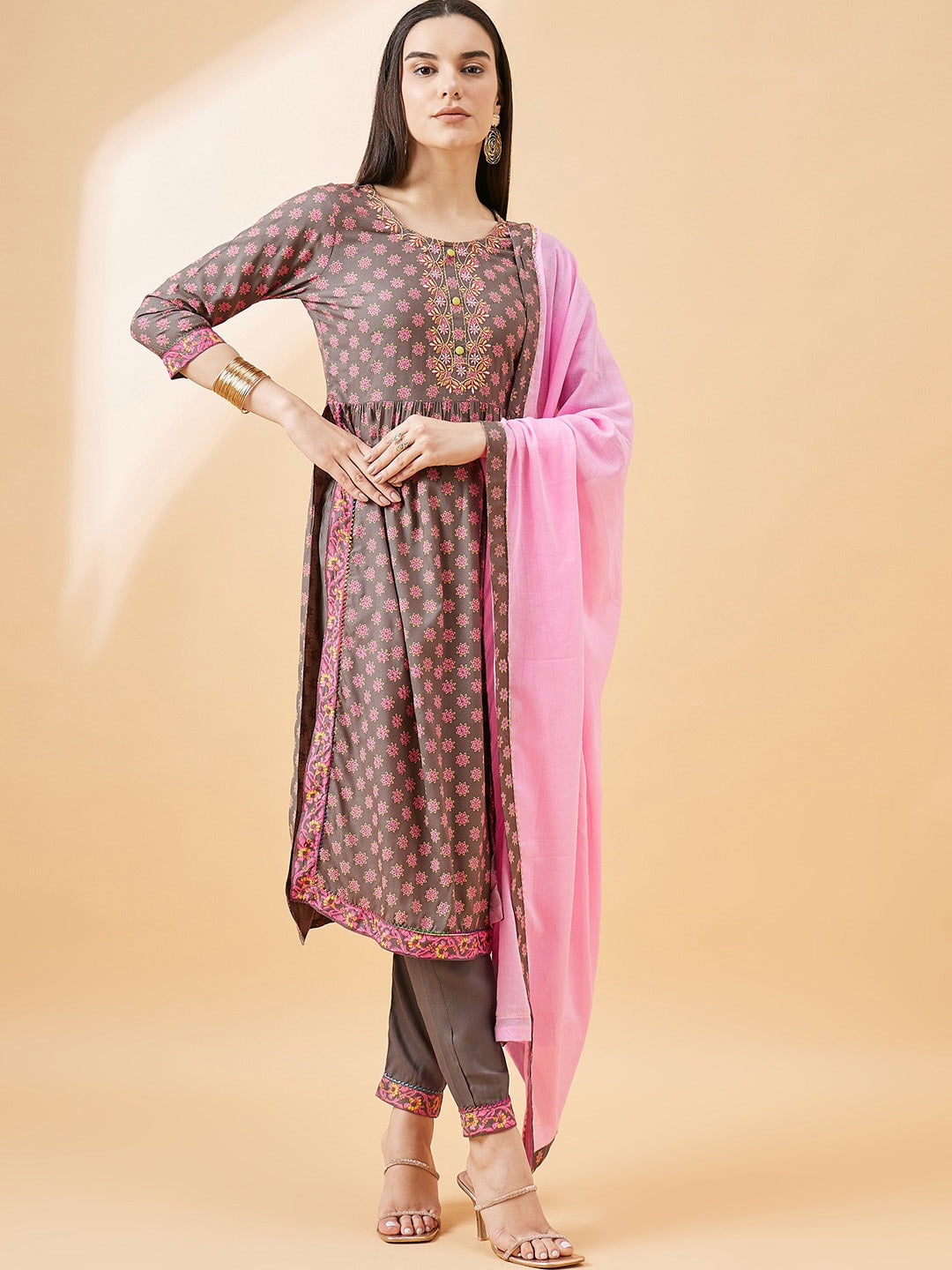 Ethnic Motif Printed Regular Thread Work Kurta With Trousers & Dupatta