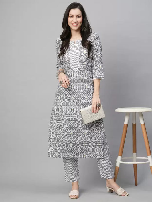 Women Grey Cotton Blend Kurta Pant Set