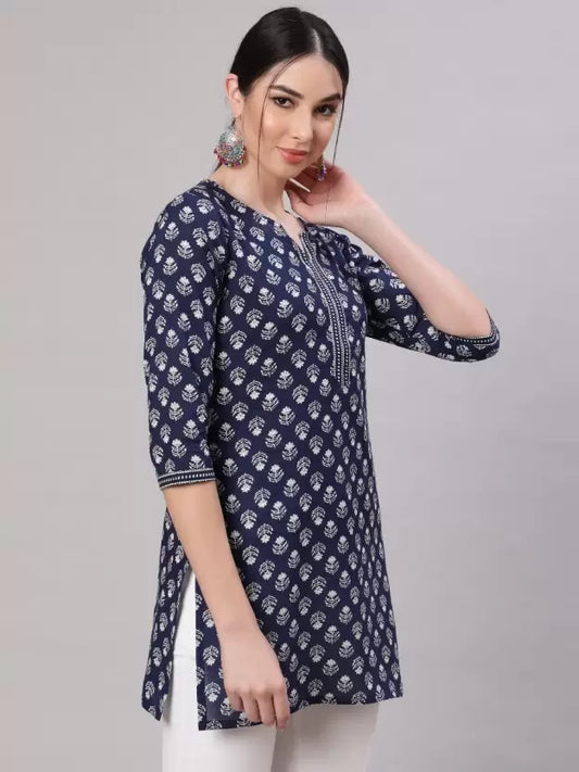 Casual Regular Sleeves Printed Women Dark Blue Top