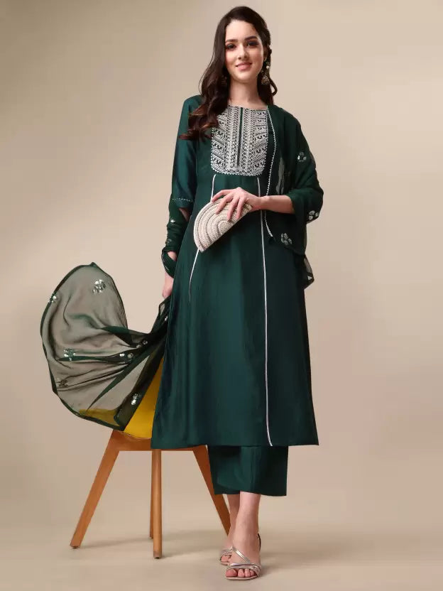 Women Green Silk Blend Kurta Palazzo Dupatta Set