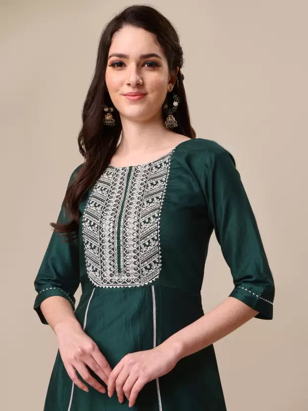 Women Green Silk Blend Kurta Palazzo Dupatta Set