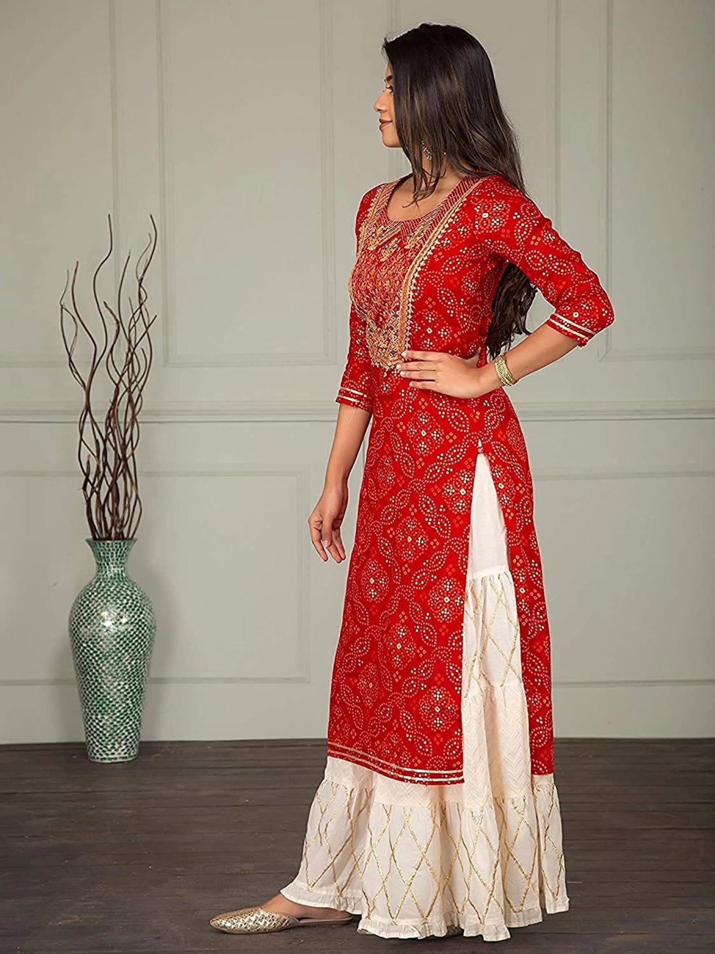 Red Rayon Kurta & White Sharara set