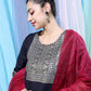 Navy Blue Ethnic Motifs Yoke Design Straight Kurta With Palazzos & Dupatta