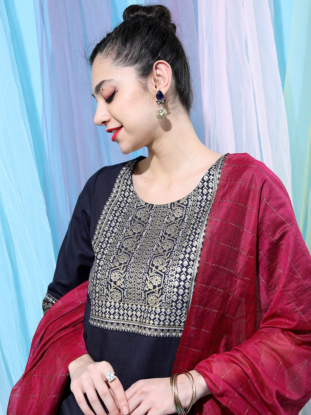 Navy Blue Ethnic Motifs Yoke Design Straight Kurta With Palazzos & Dupatta