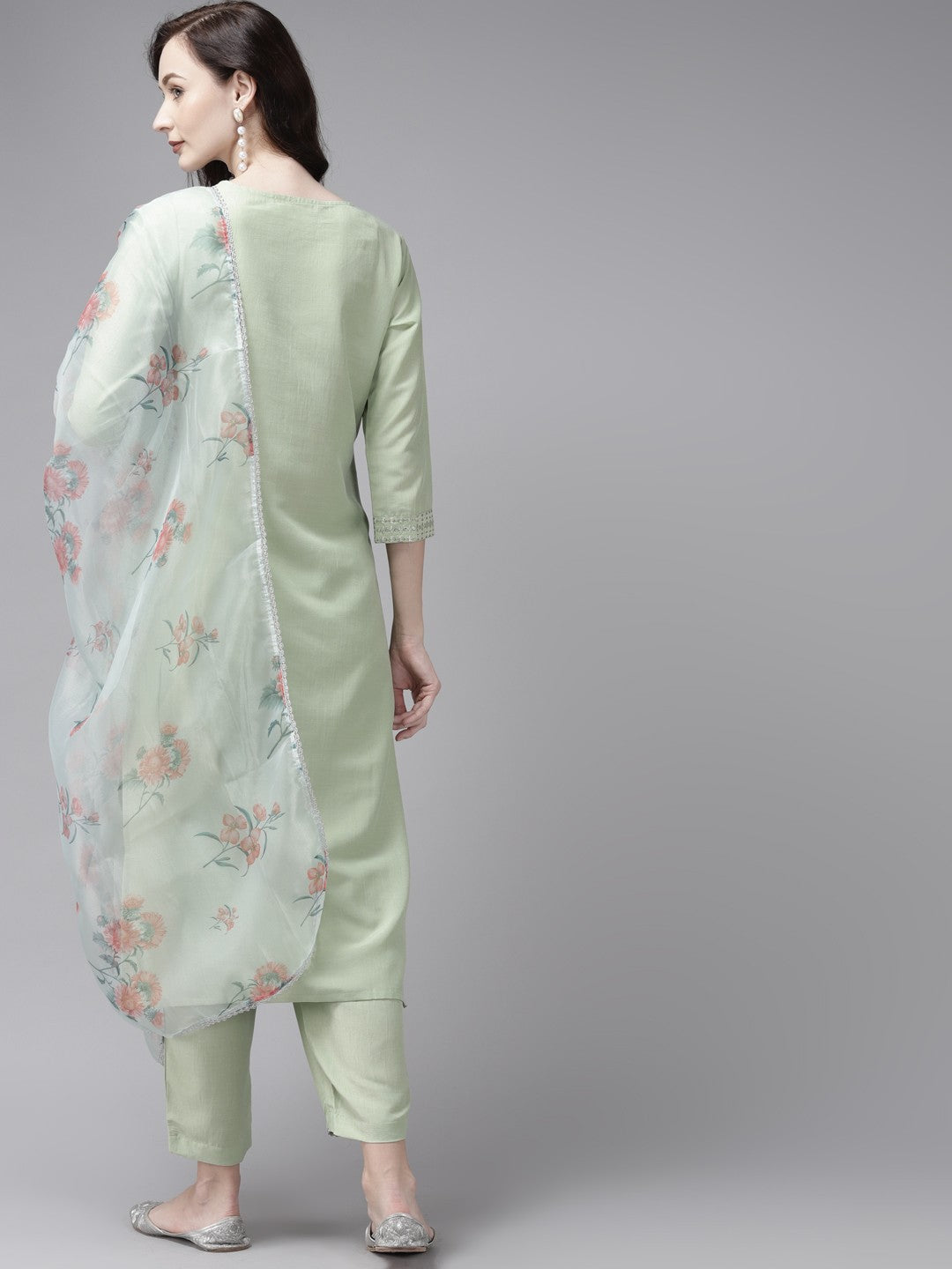 Women Sea Green Ethnic Motifs Yoke Design Regular Thread Work Kurta with Trousers & With Dupatta