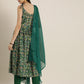 Women Green Floral Print Pleated Kurta with Trousers & Dupatta