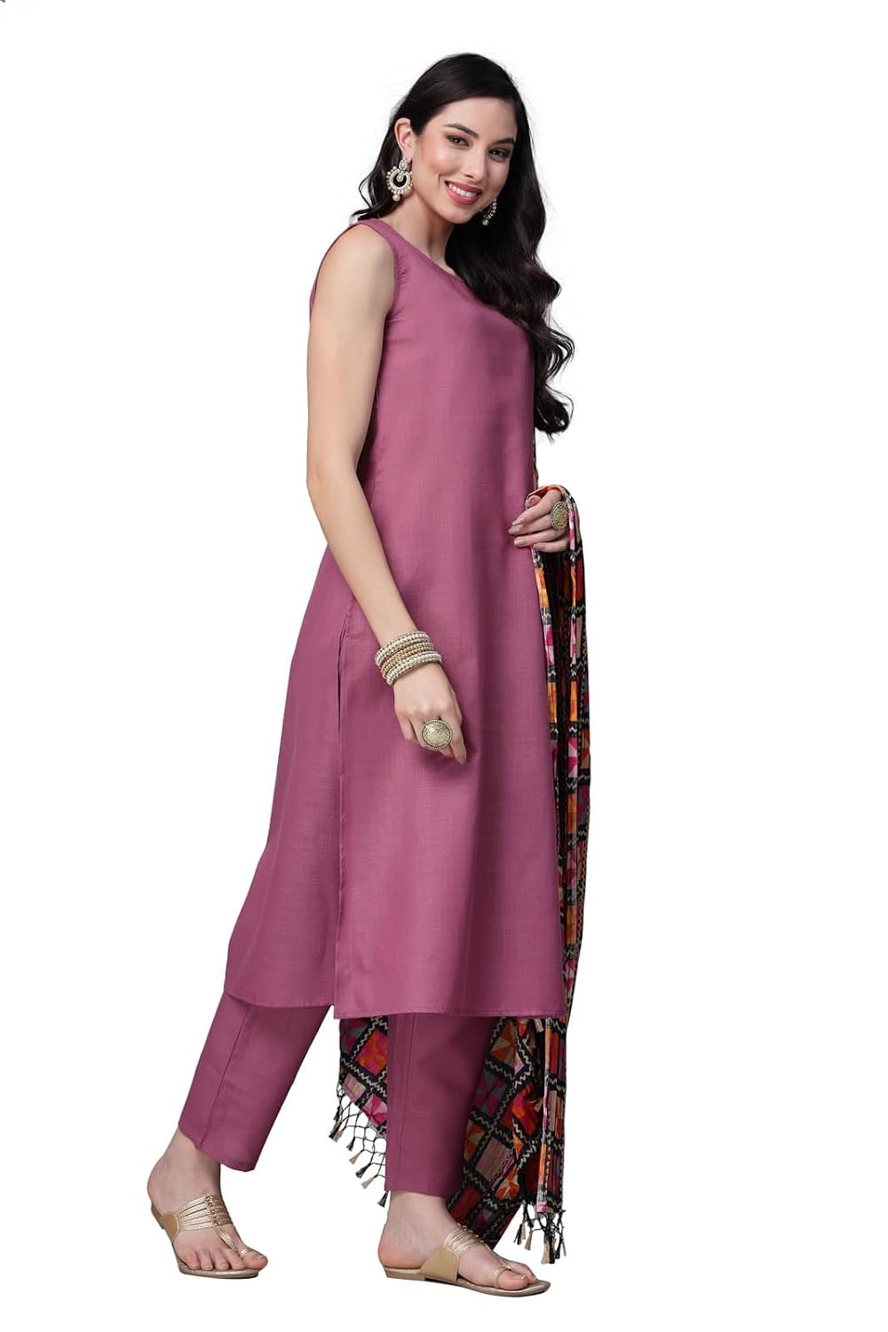 Women's Mauve Solid Cotton Blend Straight Kurta Pant Dupatta Set