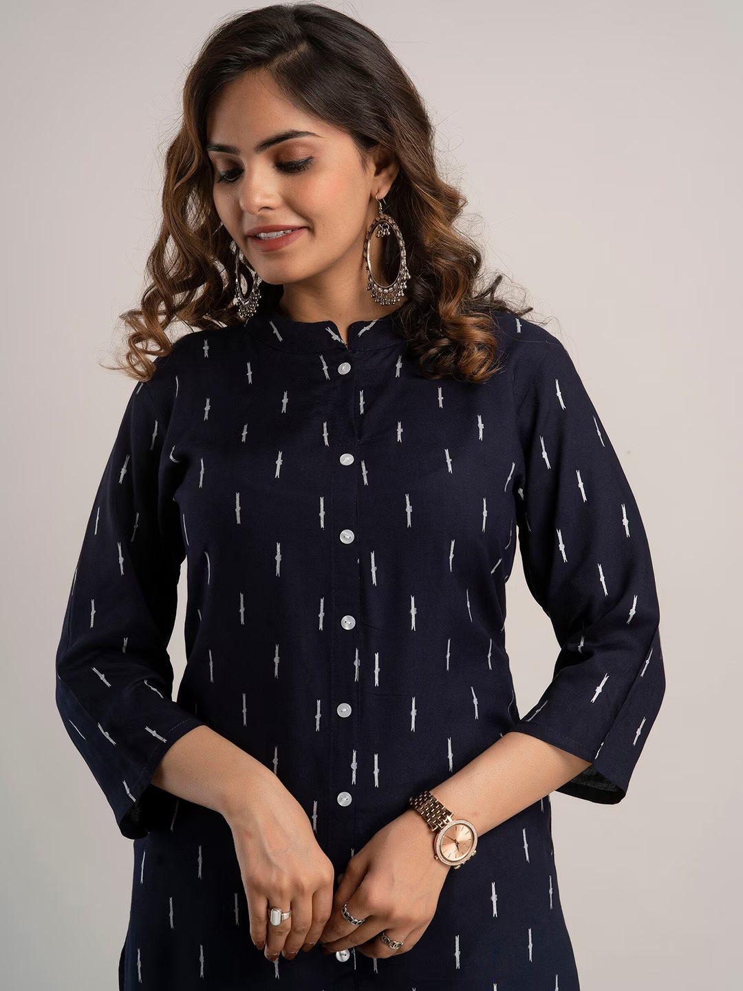 Women Navy Blue Printed Kurta with Trousers