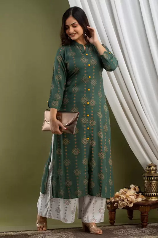 Women Green Viscose Rayon Kurta Palazzo Set