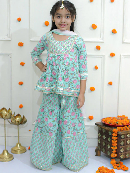 Girls Ethnic Motifs Printed Pure Cotton A-Line Kurti with Sharara & With Dupatta