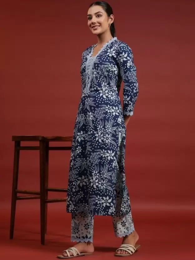 Women Blue Pure Cotton Kurta Pant Set