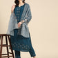 Women Teal Blue Embroidered Pure Cotton Kurta with Trousers & Dupatta