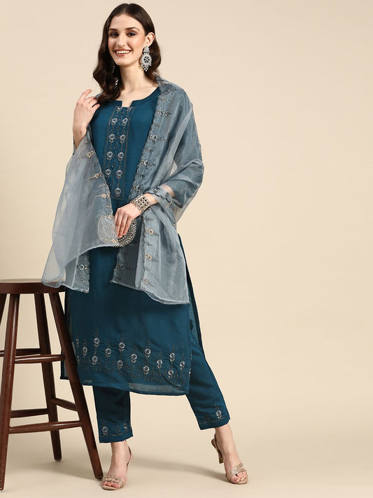 Women Teal Blue Embroidered Pure Cotton Kurta with Trousers & Dupatta