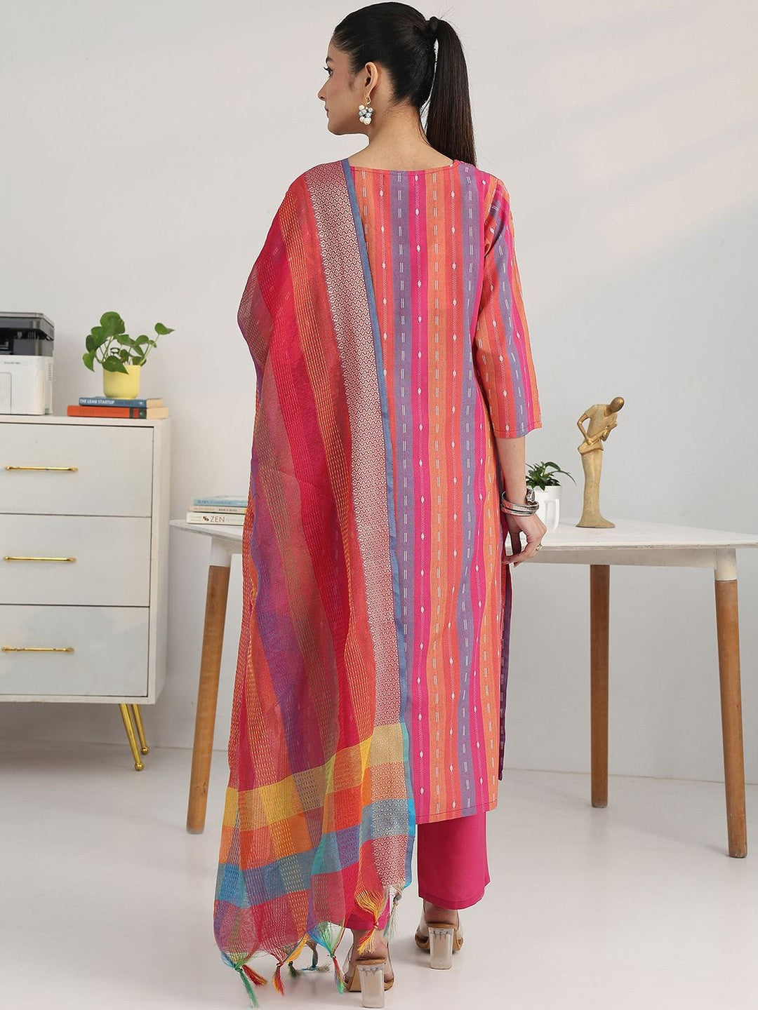 Women Striped Regular Thread Work Kurta with Trousers & With Dupatta