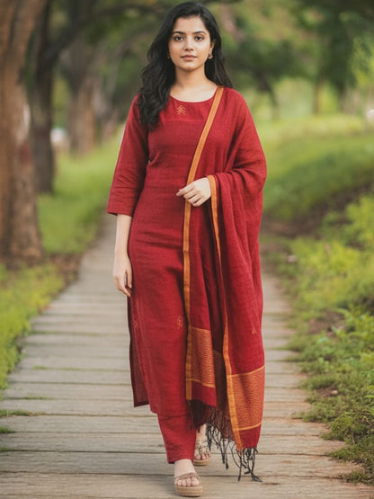 Ethnic Motifs Round Neck Thread Work Straight Kurta With Trousers & Dupatta