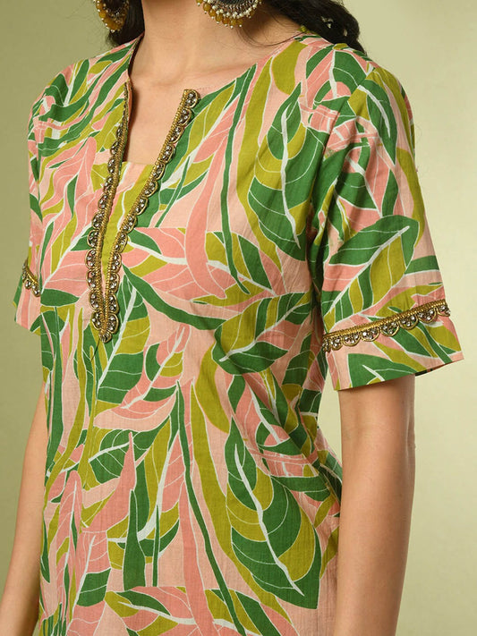 Floral Printed Beads & Stone Pure Cotton Straight Kurta & Trousers