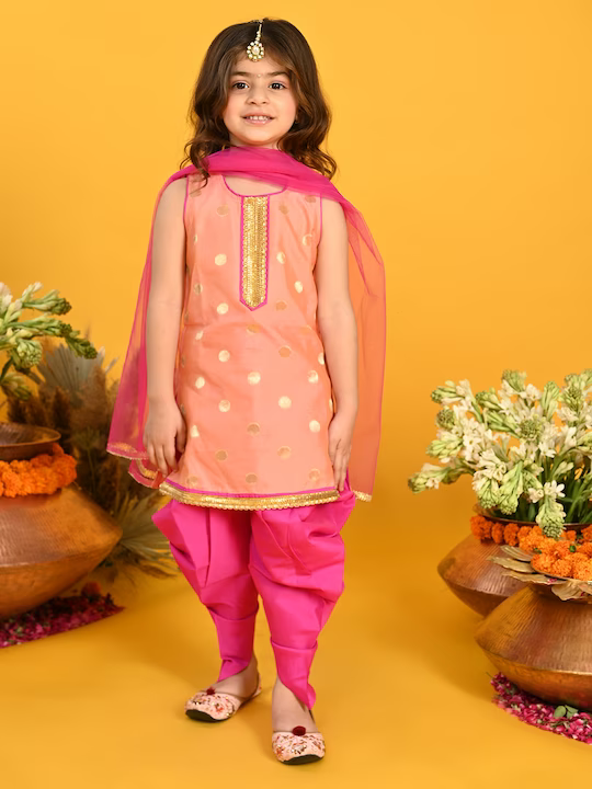 Girls Peach-Coloured Layered Kurti with Dhoti Pants & With Dupatta