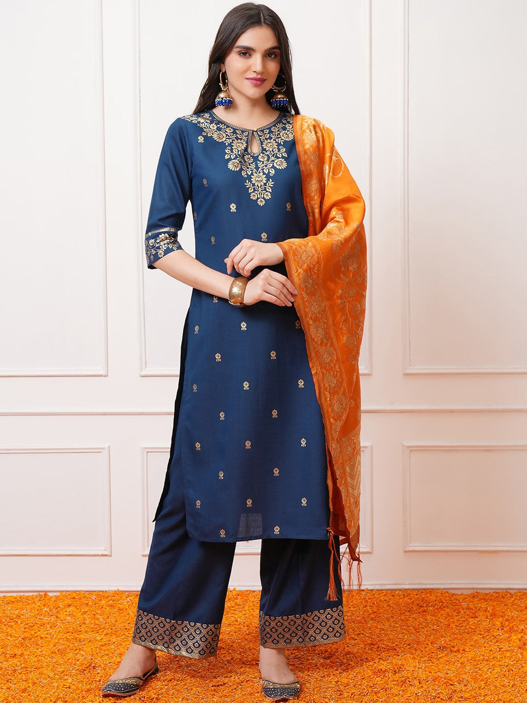 Teal Blue Floral Printed Regular Kurta with Palazzo & Dupatta