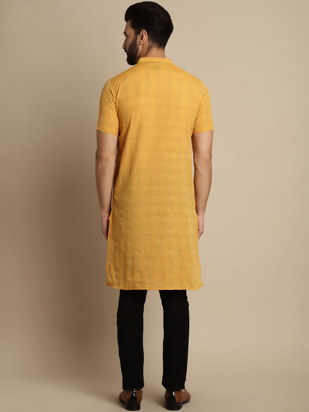 Checked Pure Cotton Band Collar Kurta