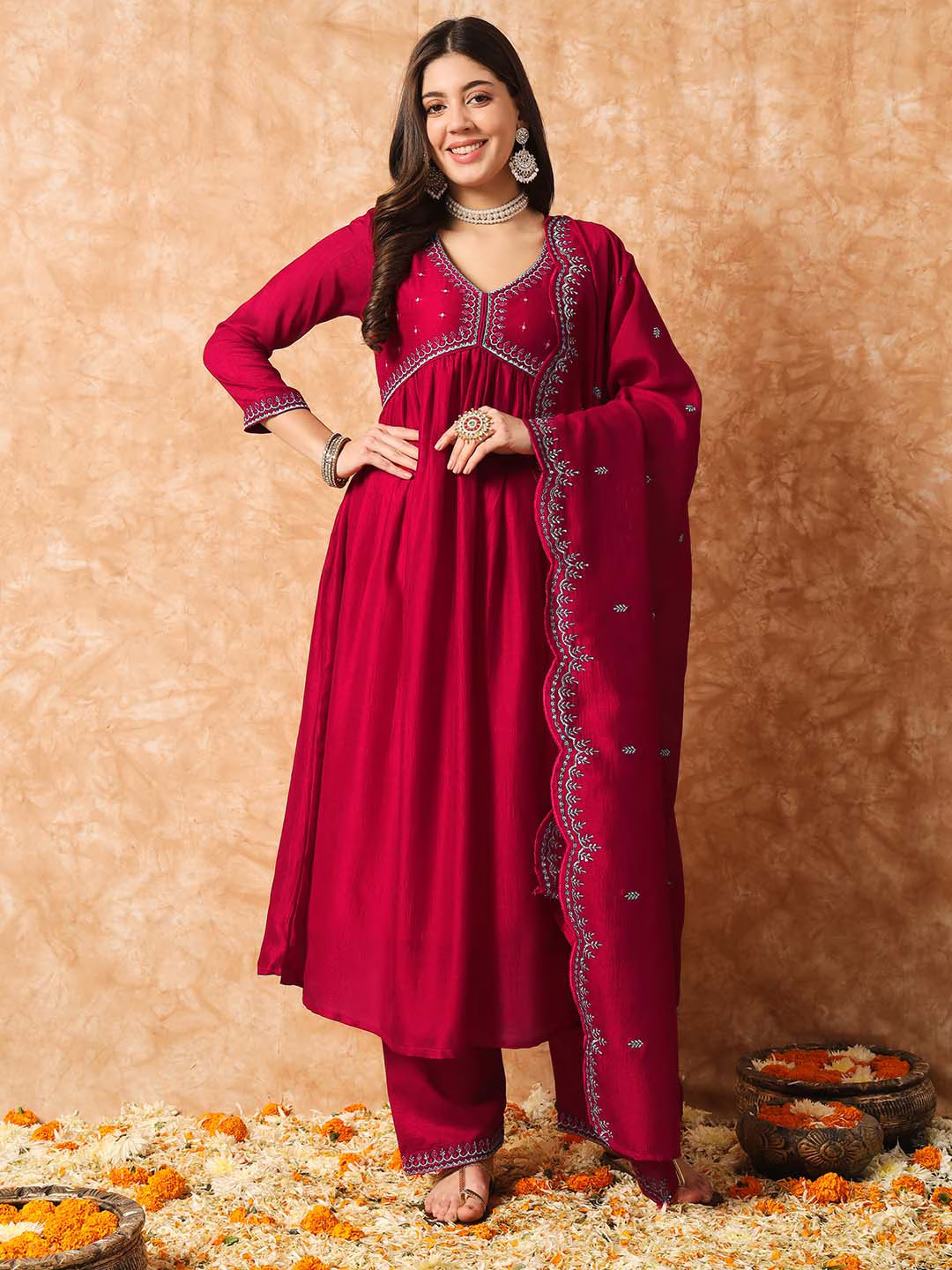 Ethnic Motif Embroidered Empire Thread Work Anarkali Kurta & Trousers With Dupatta