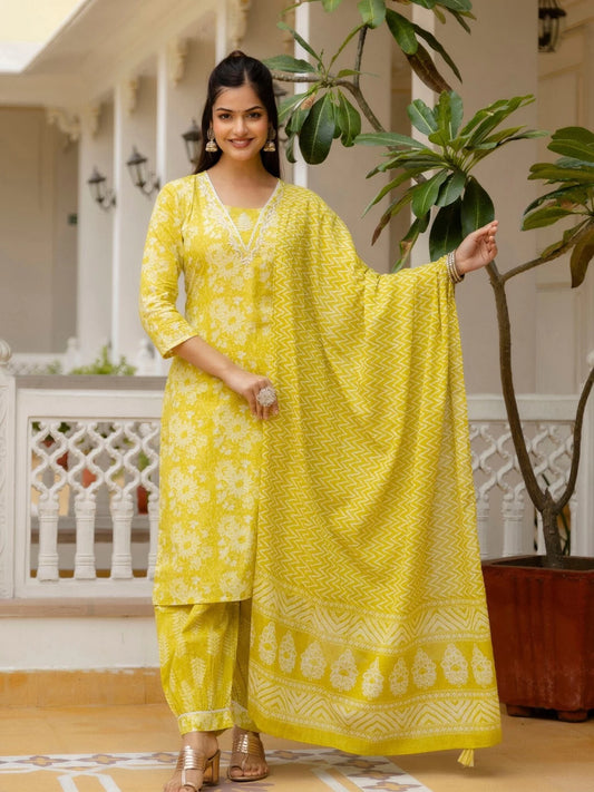 Women Yellow Viscose Rayon Kurta Pant Dupatta Set