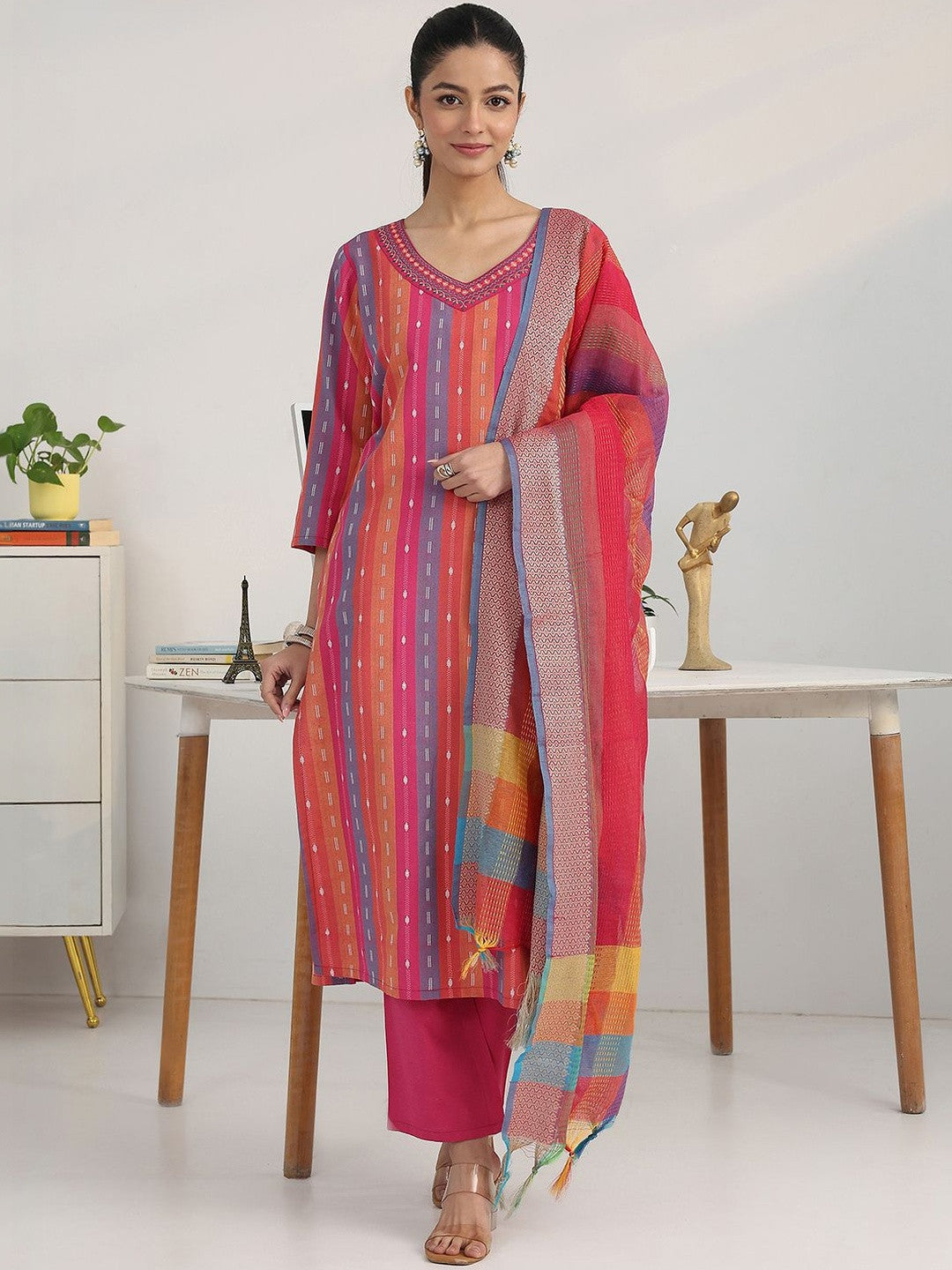 Women Striped Regular Thread Work Kurta with Trousers & With Dupatta