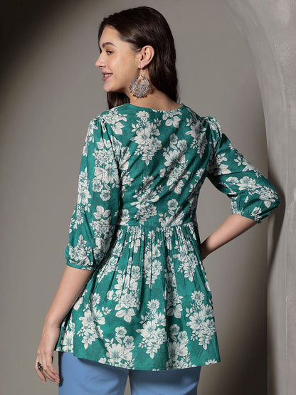 Women Floral Printed Pure Cotton Peplum Top