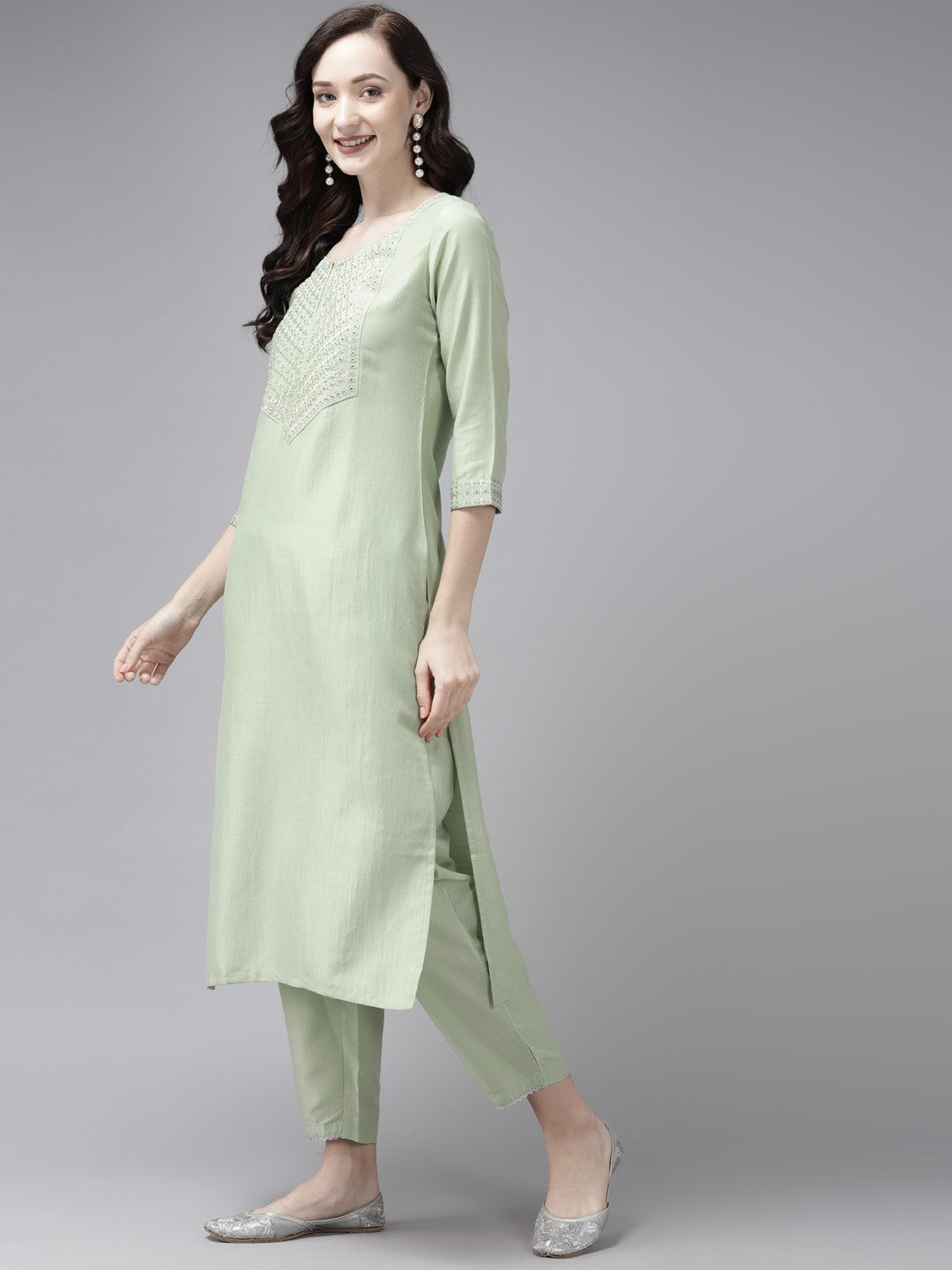 Women Sea Green Ethnic Motifs Yoke Design Regular Thread Work Kurta with Trousers & With Dupatta