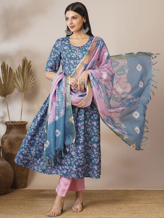 Floral Printed Anarkali Kurta With Trousers & Dupatta