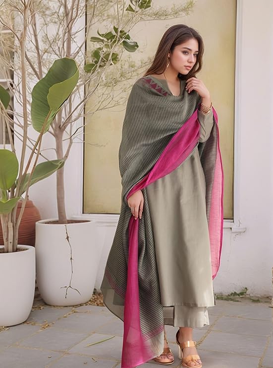 Women's Silk Viscose Straight Solid Kurta with Pant & Dupatta