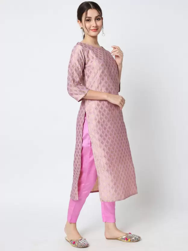 Women Baby Pink Cotton Blend Kurti Pant Dupatta Set