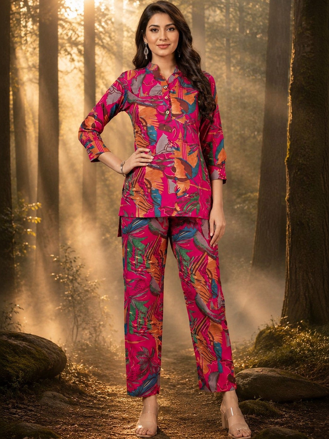 Polyester Tropical Printed Top with Trousers