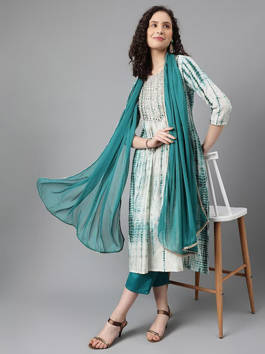 Abstract Printed Thread Work A-Line Kurta & Palazzos With Dupatta