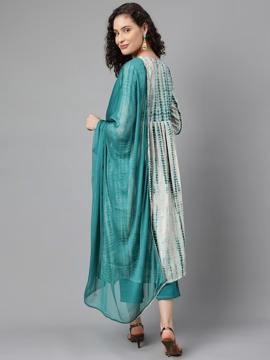 Abstract Printed Thread Work A-Line Kurta & Palazzos With Dupatta