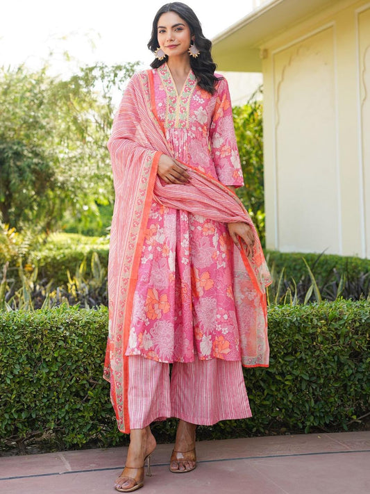 Floral Printed V-Neck Pleated A-Line Kurta With Palazzos And Dupatta