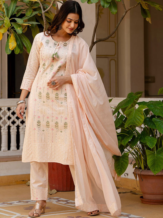 Cream Floral Embroidered Panelled Pure Cotton Kurta With Trousers & Dupatta