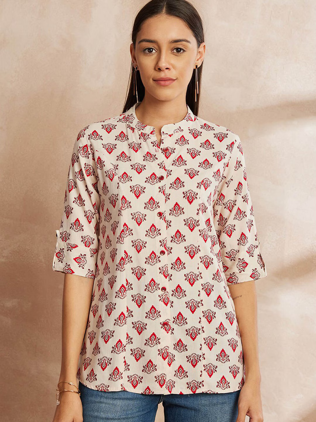 Ethnic Motifs Printed Mandarin Collar Tunic