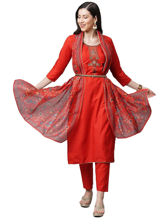 Women's Red Cotton Blend Straight Printed Kurta with Pant & Dupatta