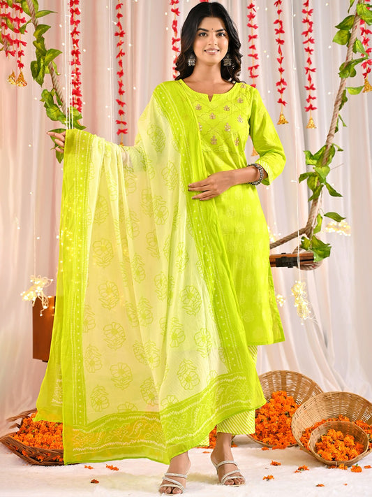 Bandhani Printed Gotta Patti Straight Kurta With Trouser & Dupatta